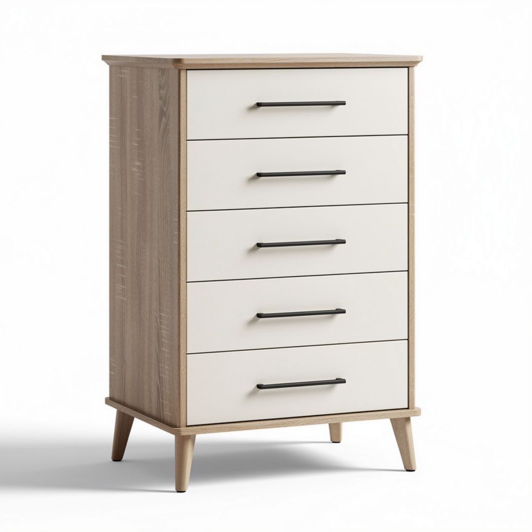 Commode en bois 5 tiroirs blanche et chêne dimensions 80 x 40 x 100cm