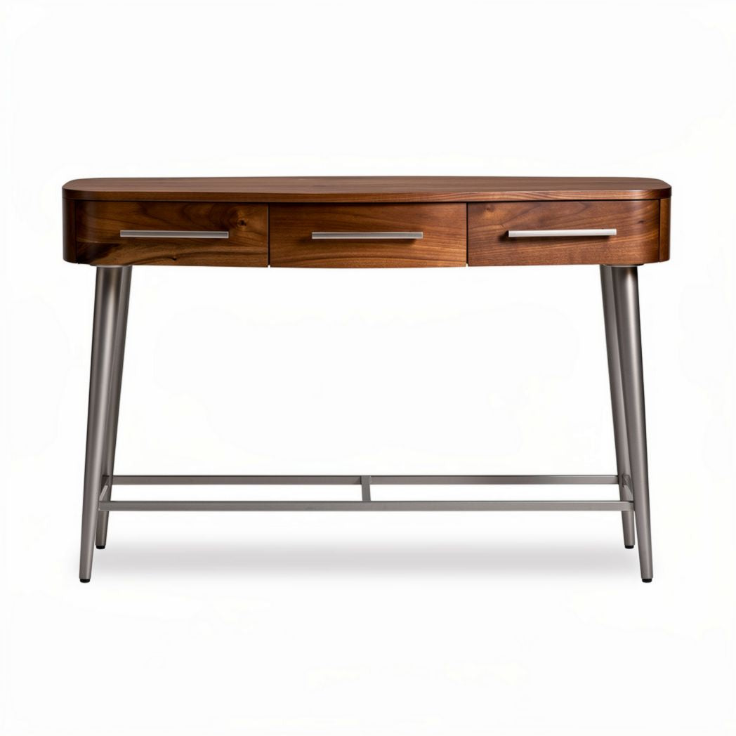 Table console en bois de noyer avec trois tiroirs et structure en métal 120 x 40 x 75cm
