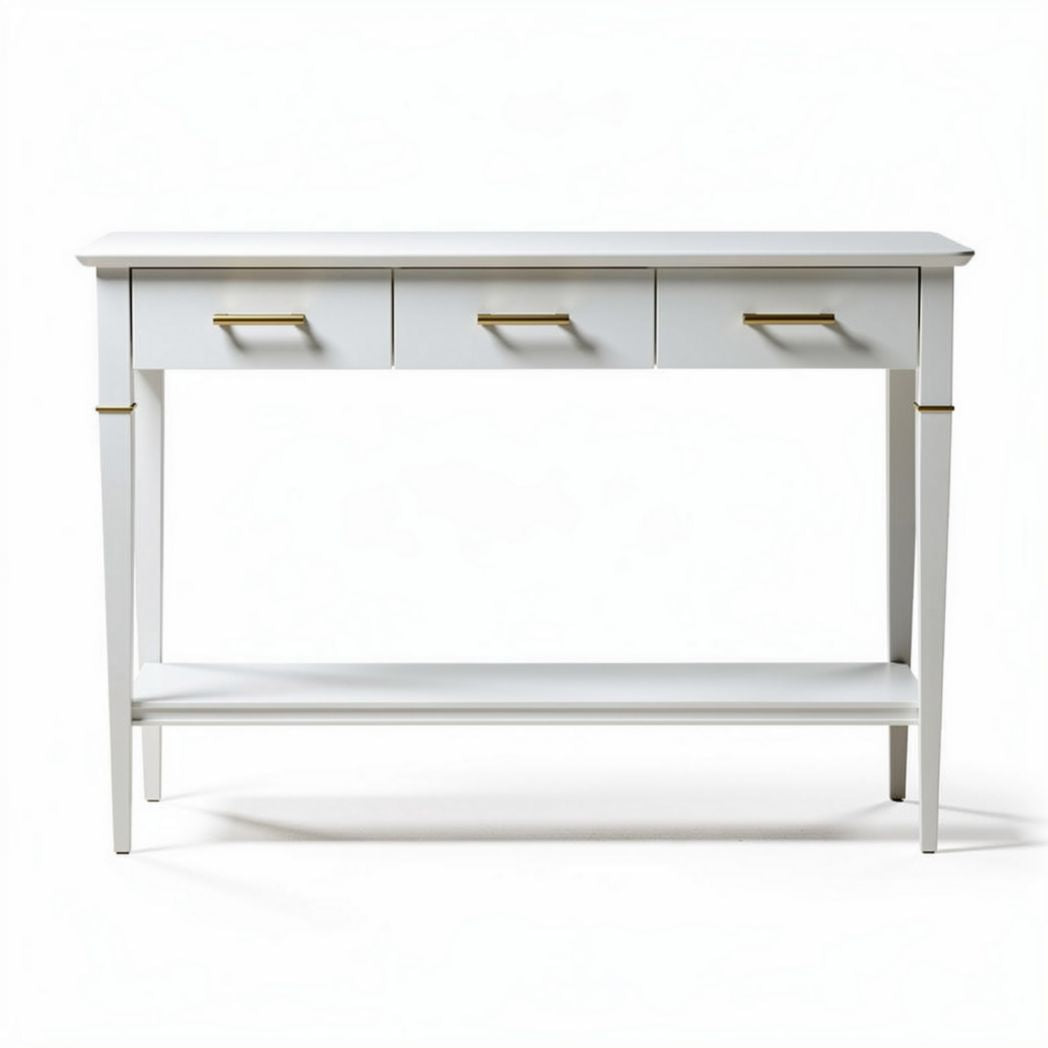Console en bois blanc avec tiroirs dorés dimensions 120 x 40 x 75cm
