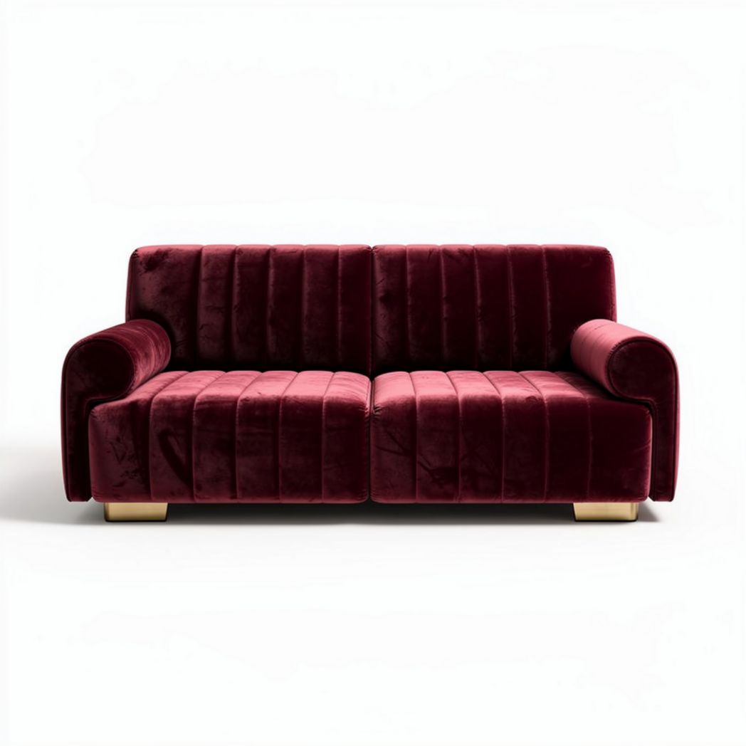 Canapé en velours bordeaux de dimensions 200 x 90 x 85 cm avec pieds en bois