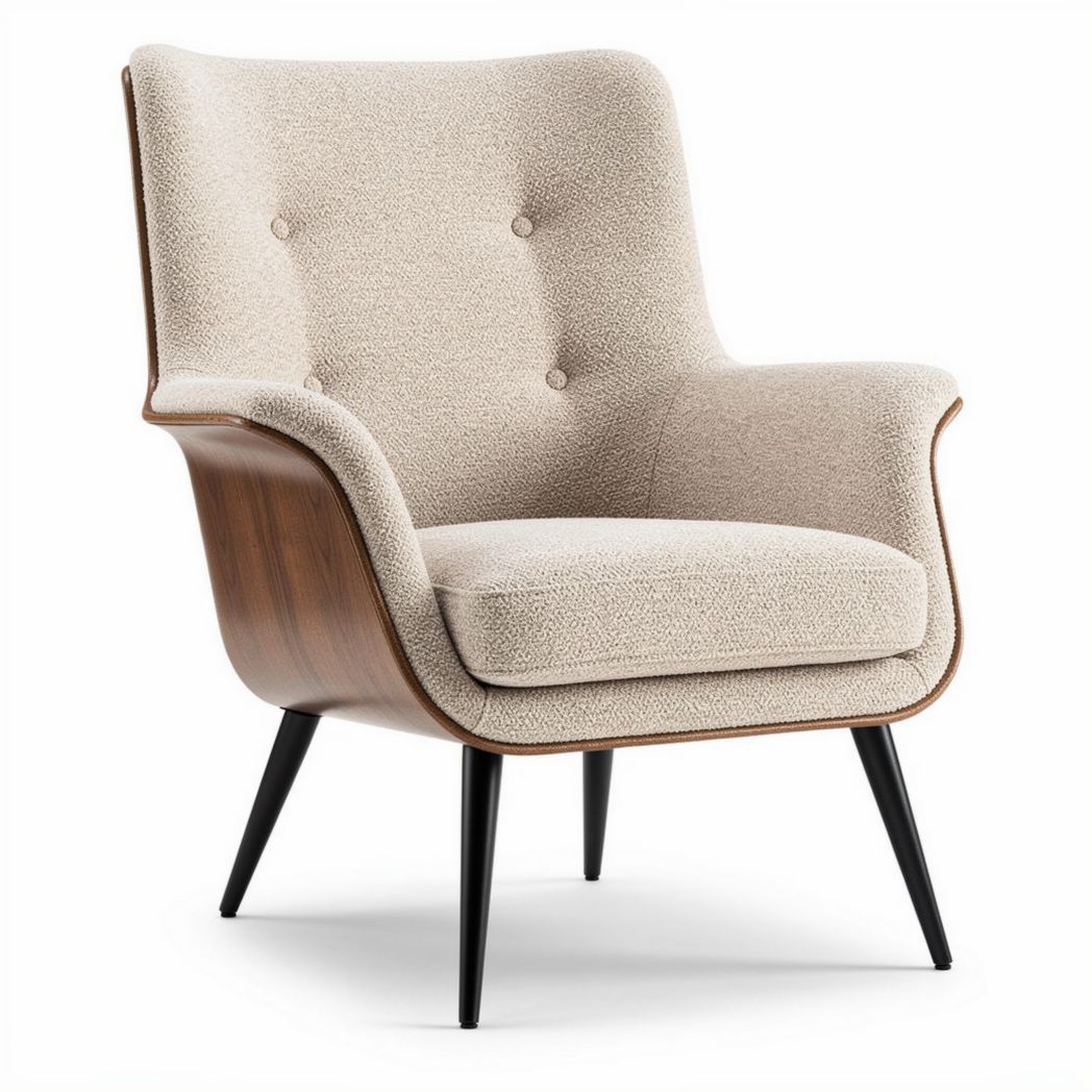 Fauteuil en tissu beige avec structure en bois et pieds en métal noir 80 x 80 x 90cm