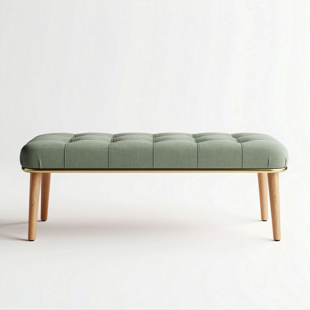 Banquette en lin vert avec pieds en bois de 100 x 50 x 40 cm