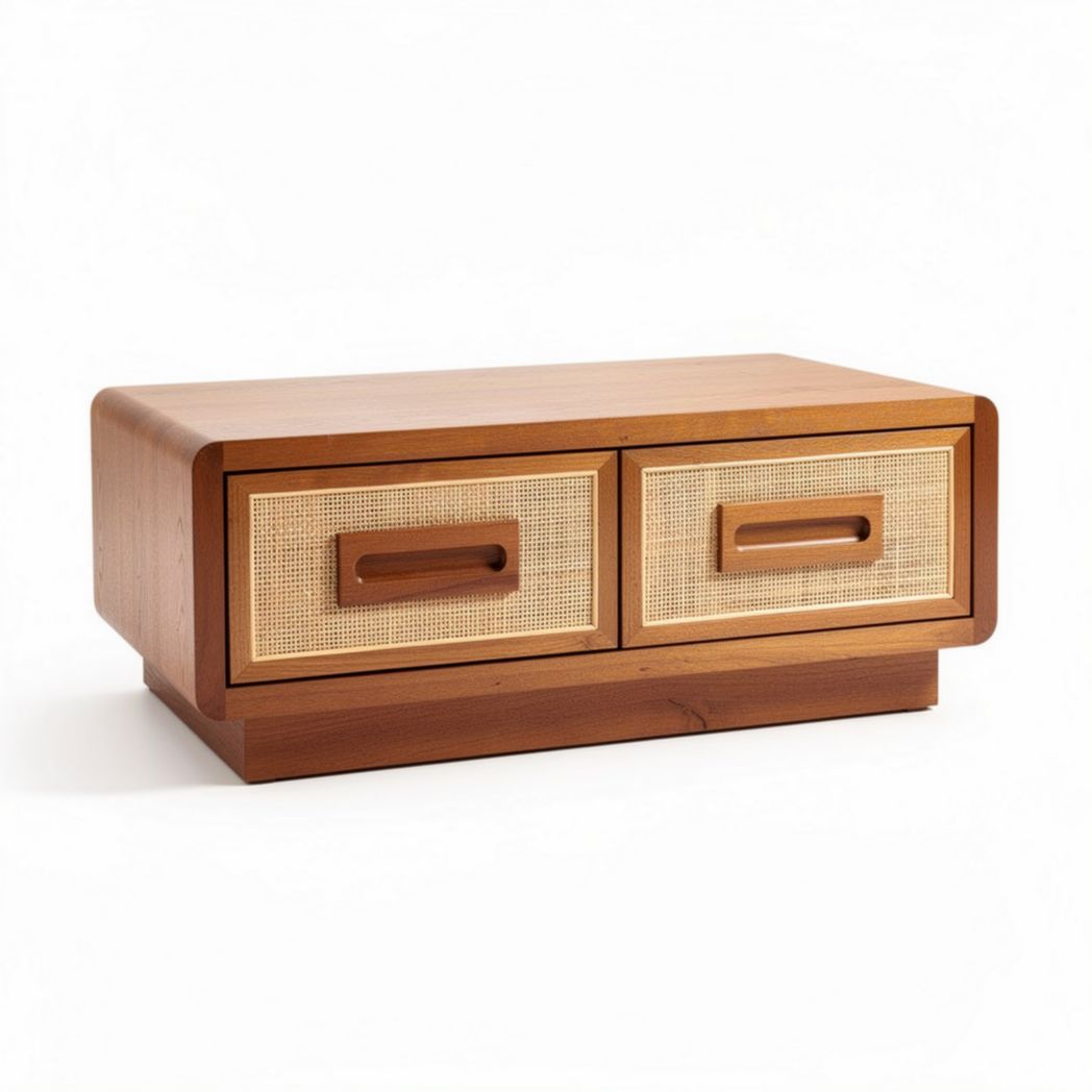 Table basse en bois avec deux tiroirs en rotin 90 x 45 x 40cm