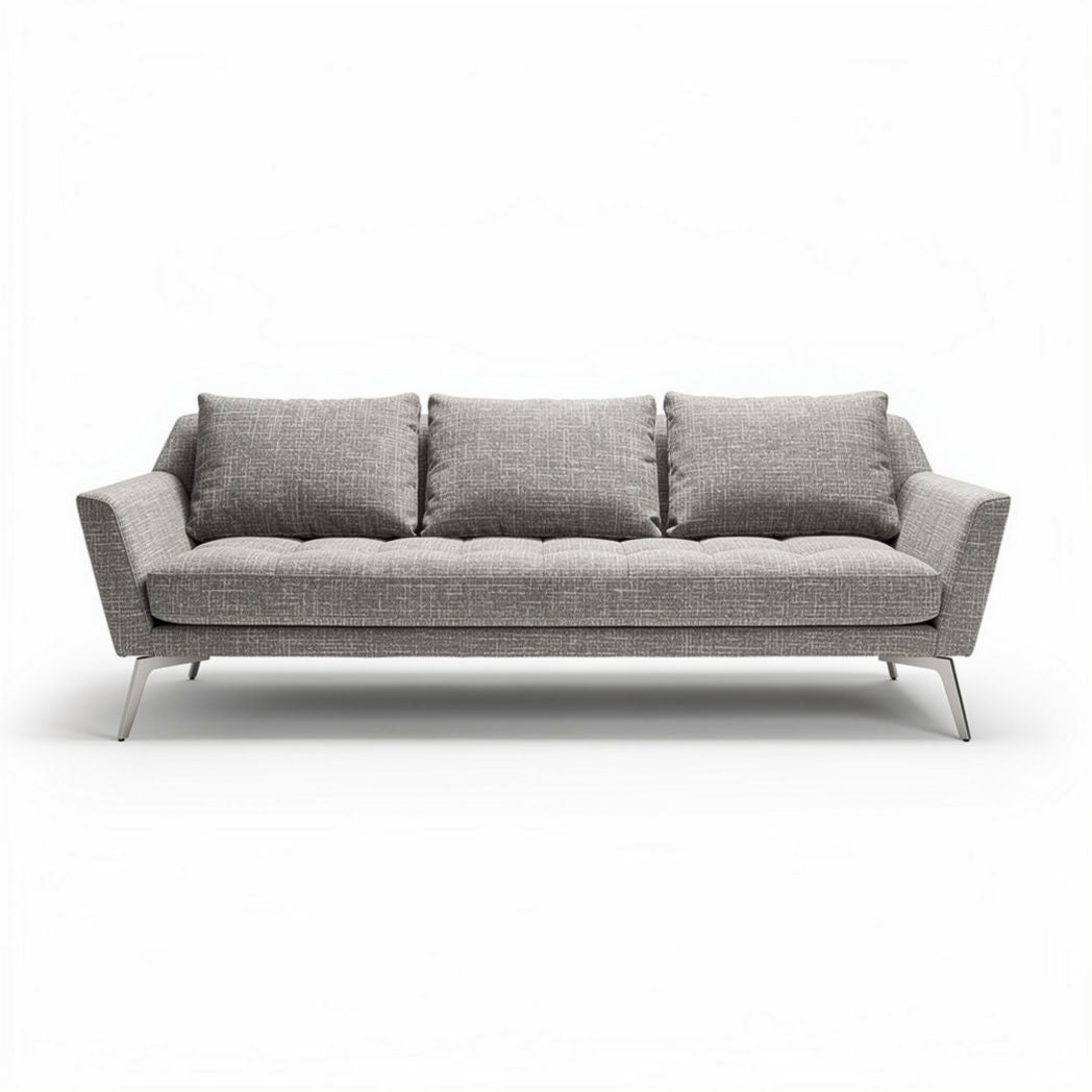 Canapé en tissu gris avec trois coussins dimensions 200 x 85 x 75cm